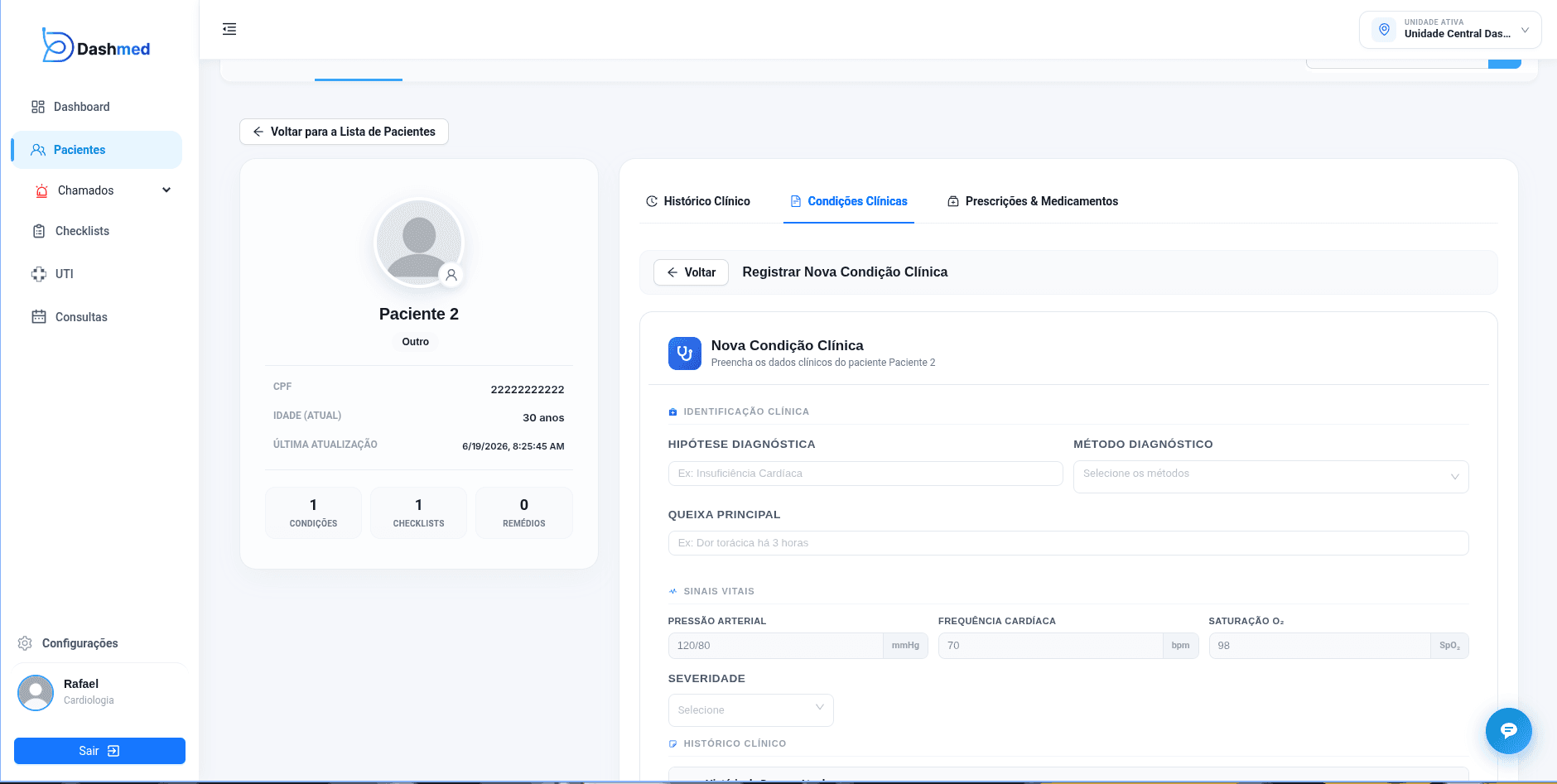 Detalhes de registros operacionais no DashMed